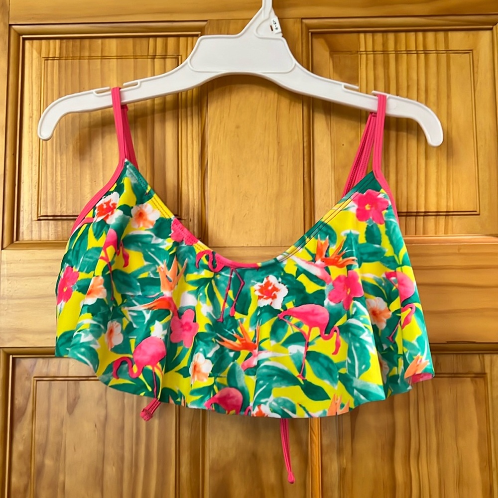 Flounced bathing/swim top, bright colors, flamingos, never been worn